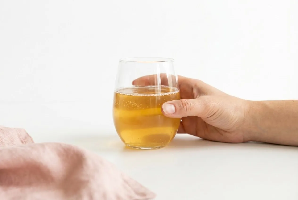 Woman holding a glass of kombucha showing benefits of kombucha for females