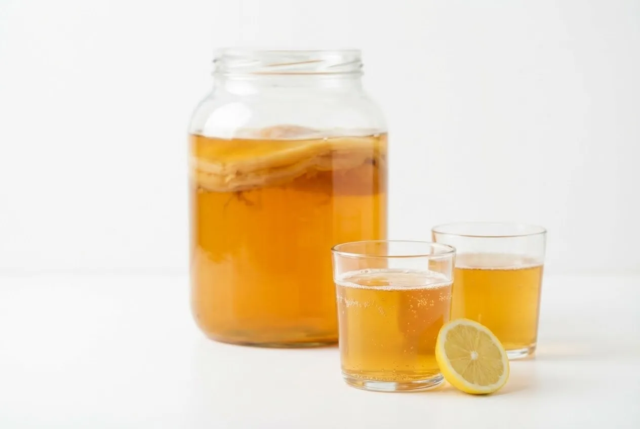 Large jar of golden kombucha with SCOBY and two small glasses on white background
