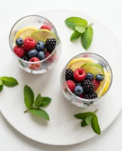 Berries and citrus arranged in glasses before adding kombucha for female focused glow spritzer