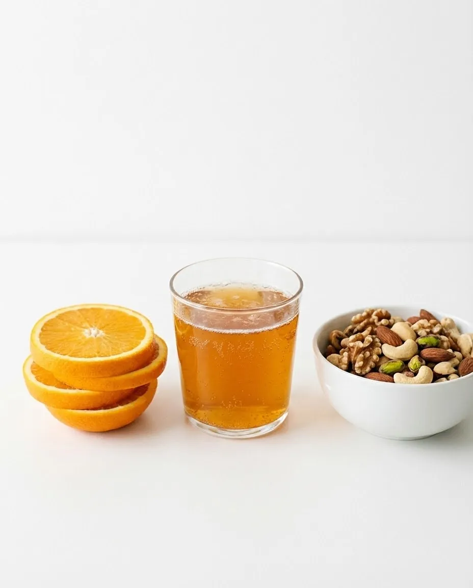 Kombucha with nuts and orange symbolizing metabolic benefits of kombucha for females
