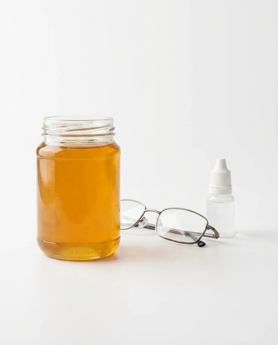 Jar of canaan honey with reading glasses and an eye drop bottle on a white background.