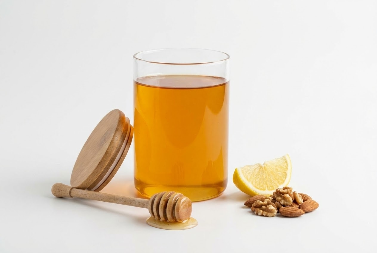 Canaan honey benefits displayed with a clear honey jar, lemon wedge, and nuts on a white background.