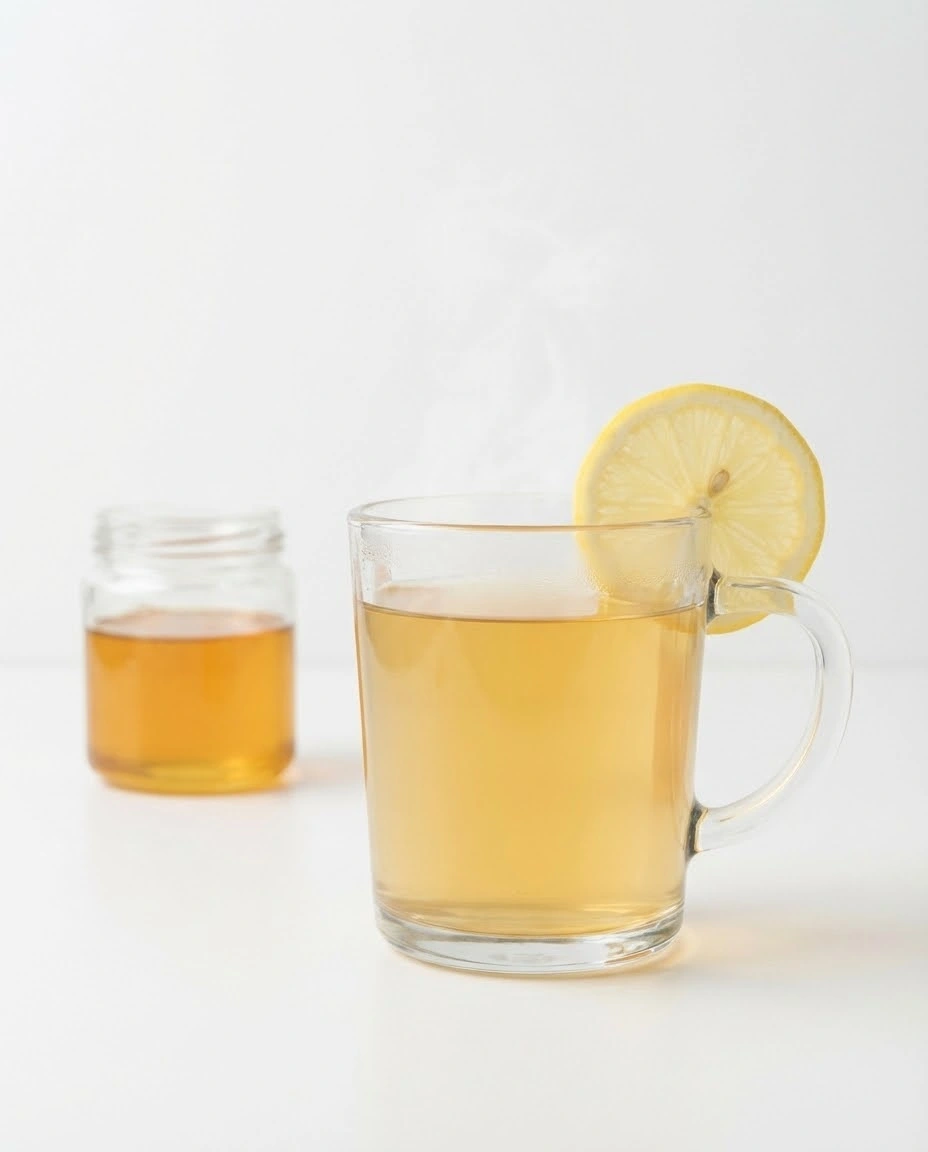 Clear glass mug of warm honey lemon drink with a honey jar blurred behind.