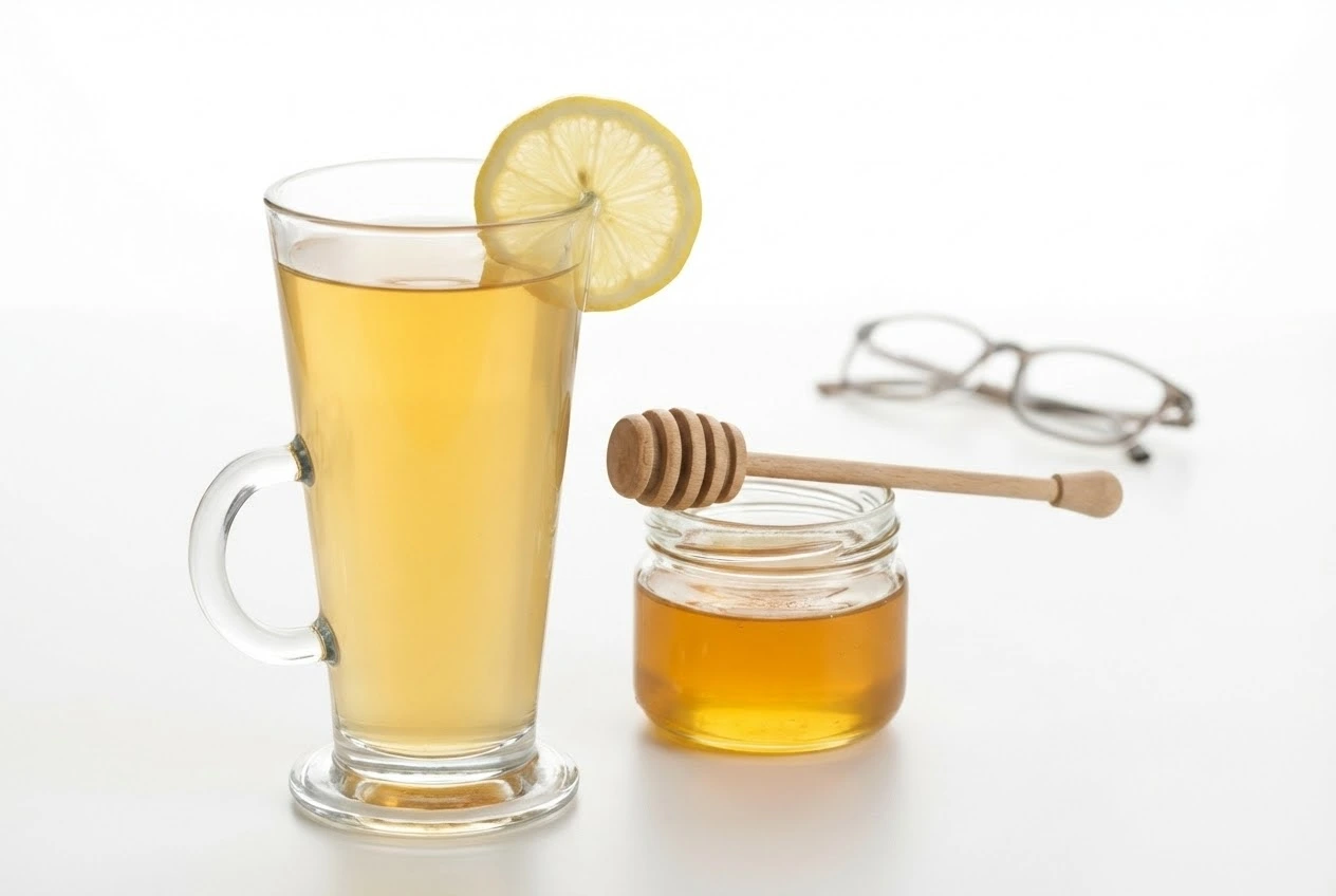 Warm canaan honey drink with lemon and honey jar on a clean white background.