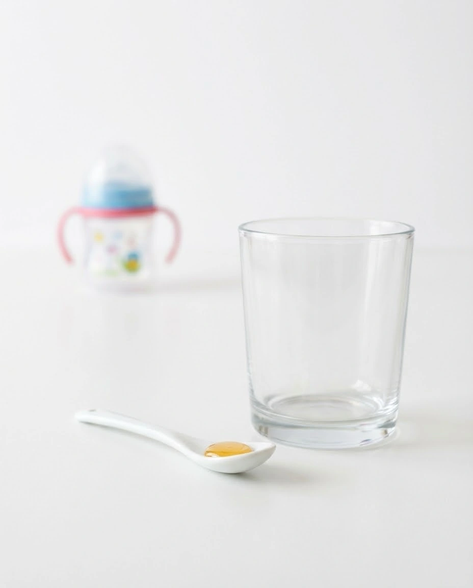 Teaspoon with a very small amount of honey beside an empty glass on a white surface.