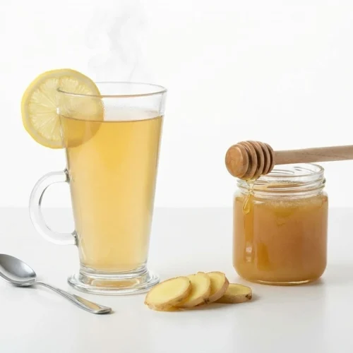 Warm canaan honey morning drink with lemon and ginger on a clean white background.