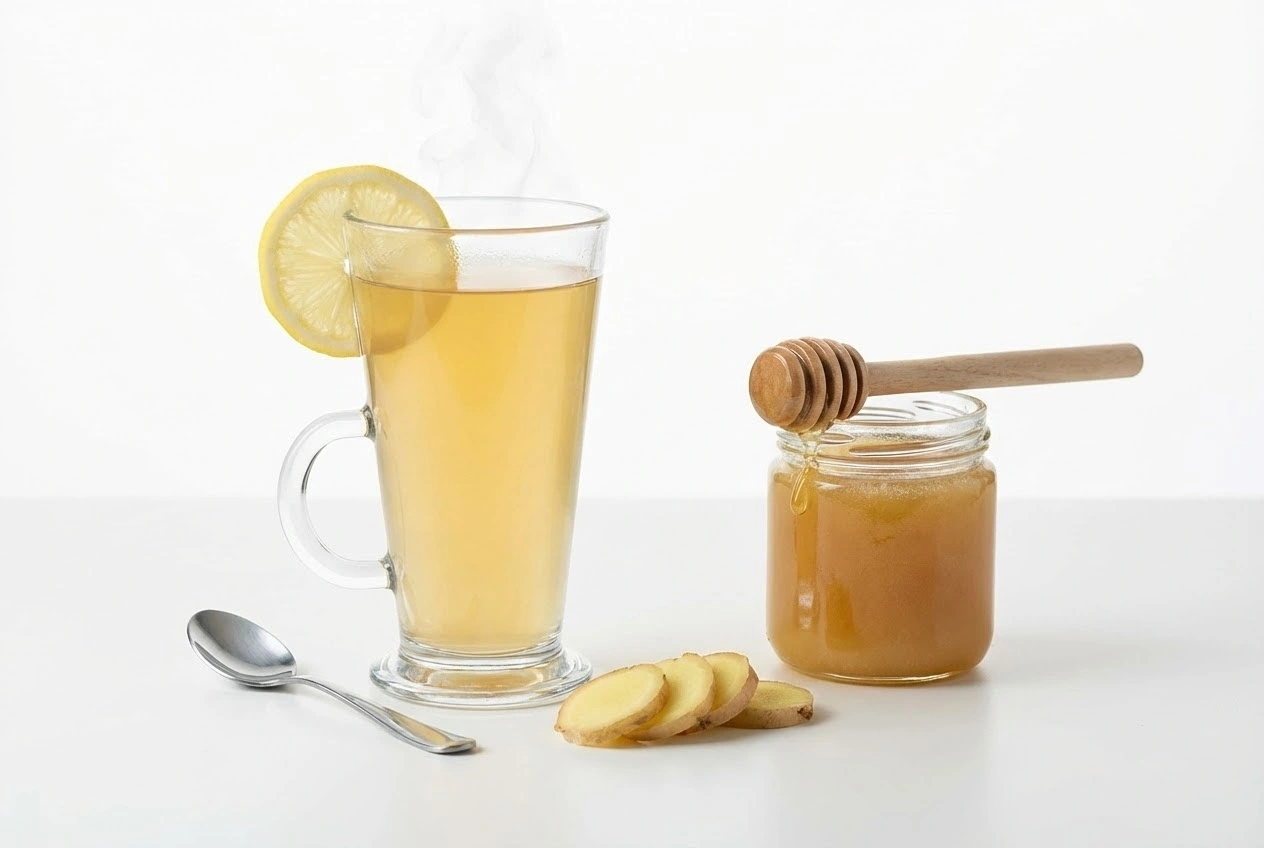Warm canaan honey morning drink with lemon and ginger on a clean white background.