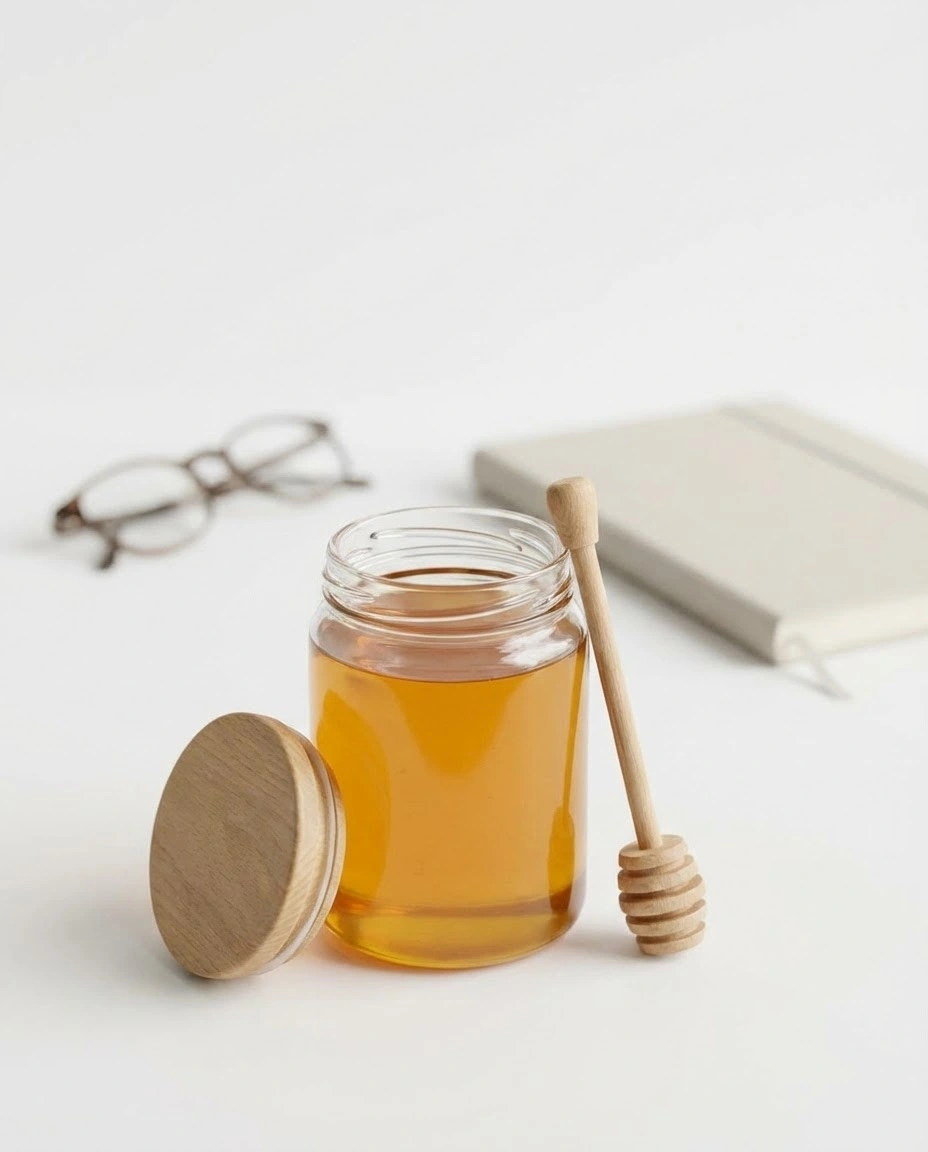 Jar of canaan honey with glasses and a notebook blurred in the background on a white surface.