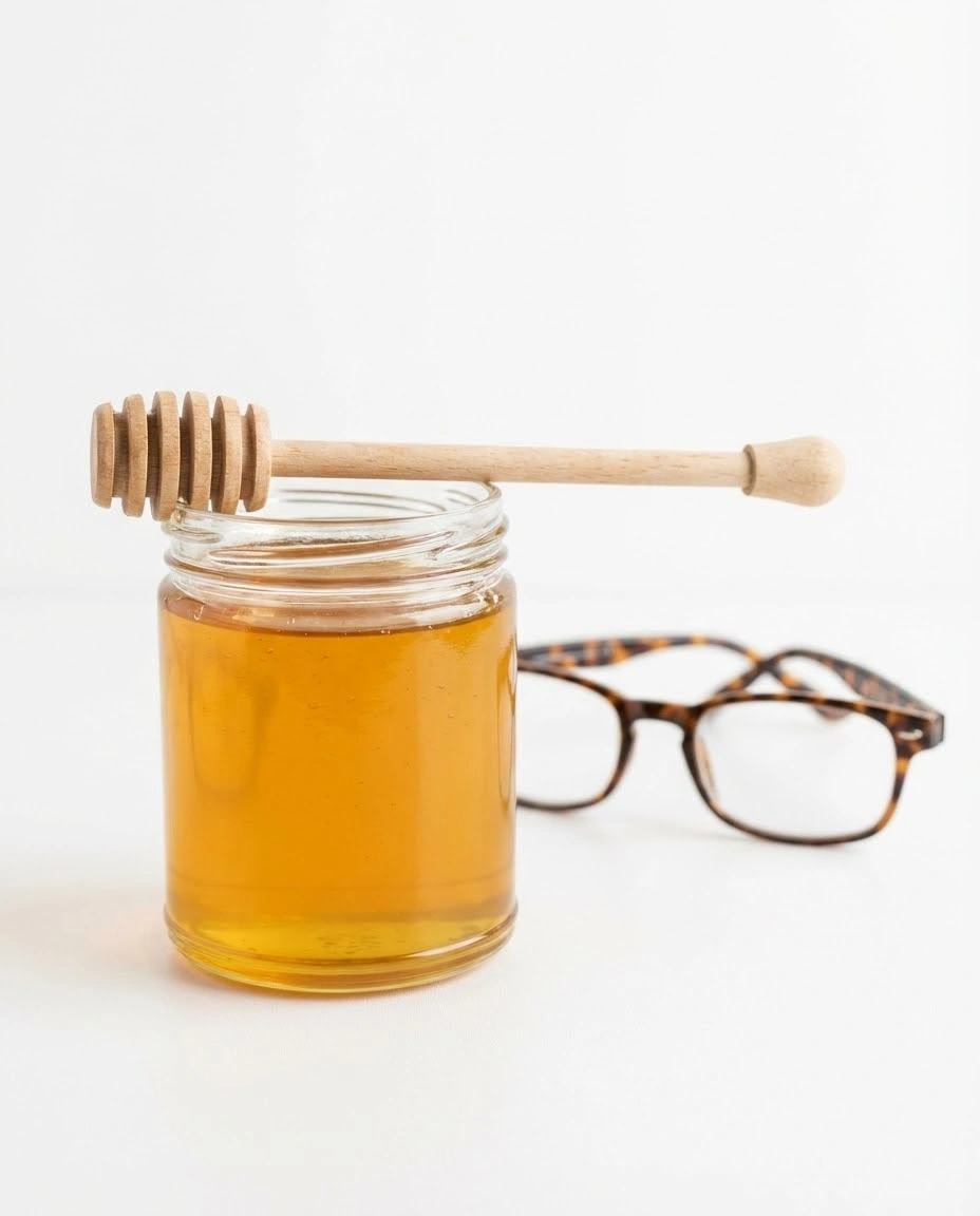 Clear honey jar with glasses blurred behind it on a white surface.