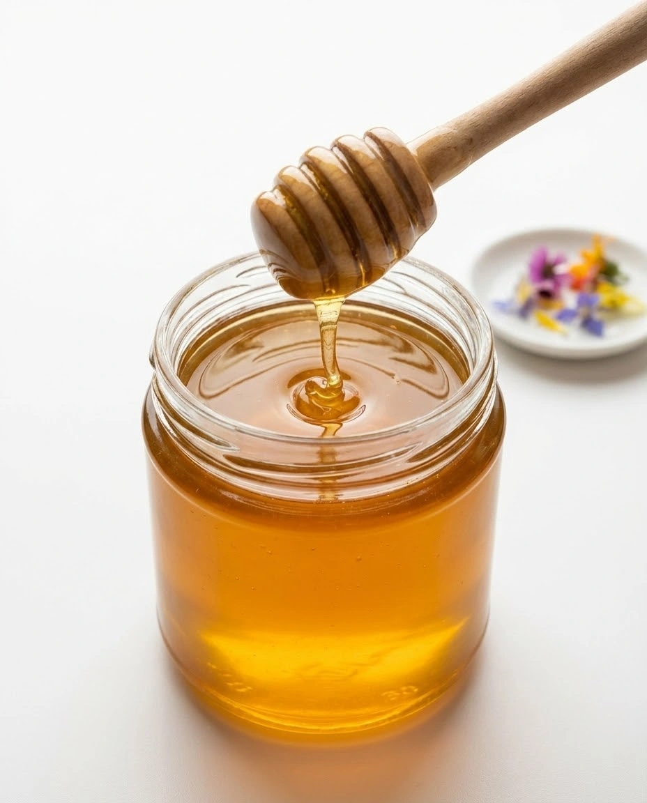 Jar of raw canaan honey with a wooden dipper dripping honey on a white background.