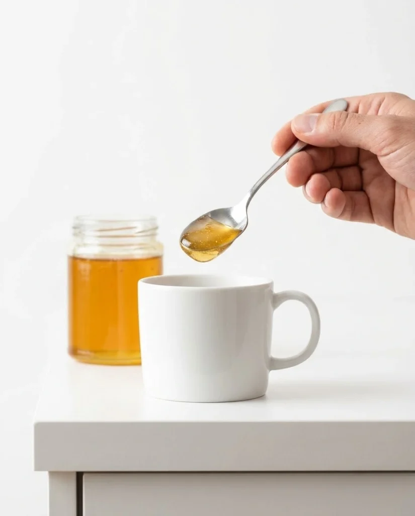 Hand holding a teaspoon with a small portion of canaan honey over a white mug.