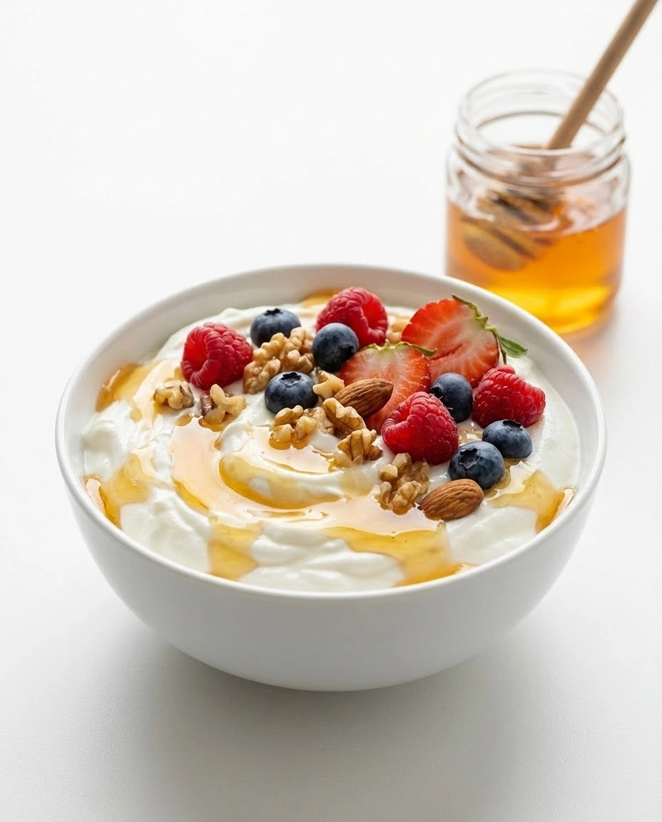 Greek yogurt bowl with berries, nuts, and canaan honey drizzle on a white background.
