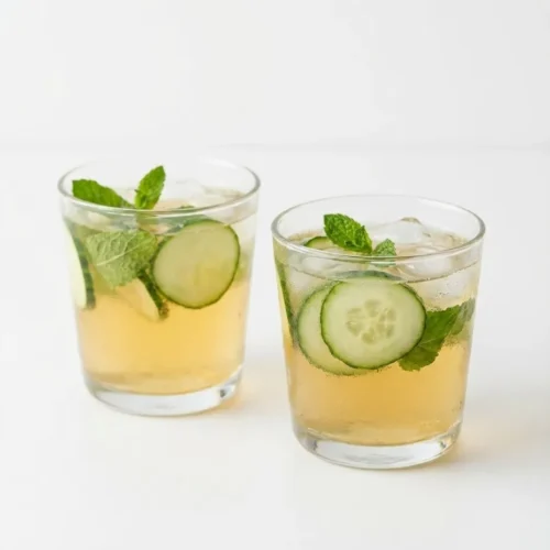 Two spritzer glasses with cucumber and mint offering a gentler option to reduce kombucha side effects