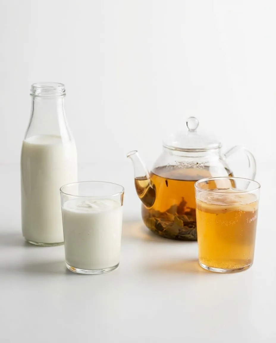 Milk and kefir beside tea and kombucha to show dairy vs dairy free in kefir vs kombucha