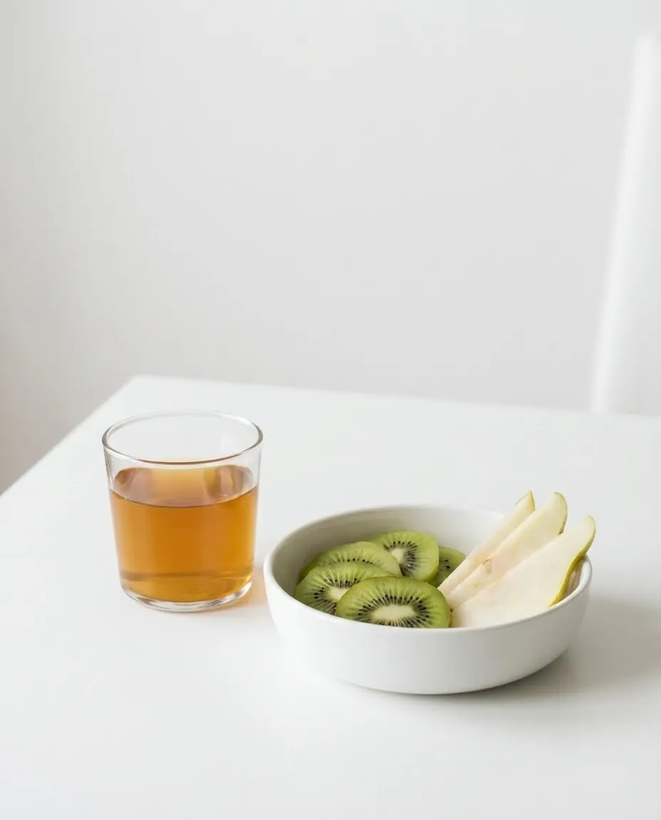 Small glass showing digestive benefits of kombucha for females with fruit on the side