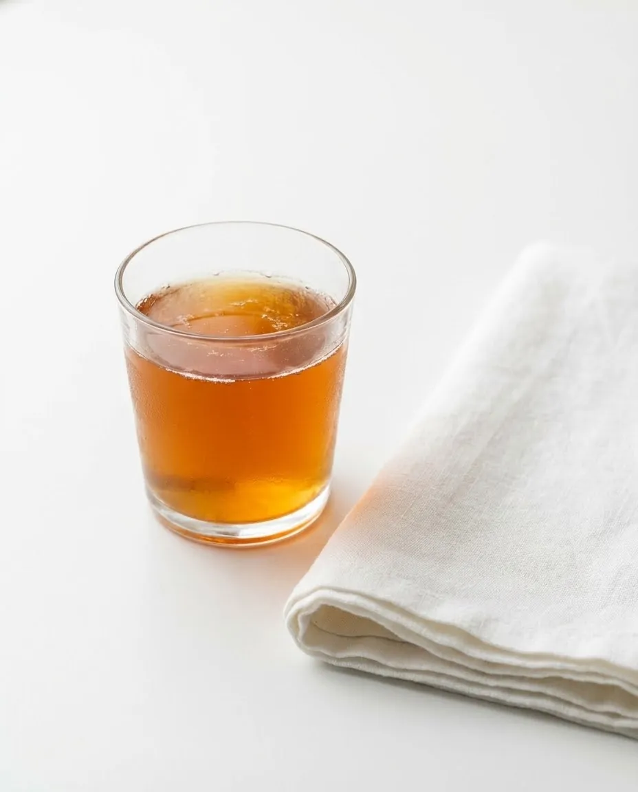 Small glass of kombucha on white surface suggesting digestive kombucha side effects like gas and bloating