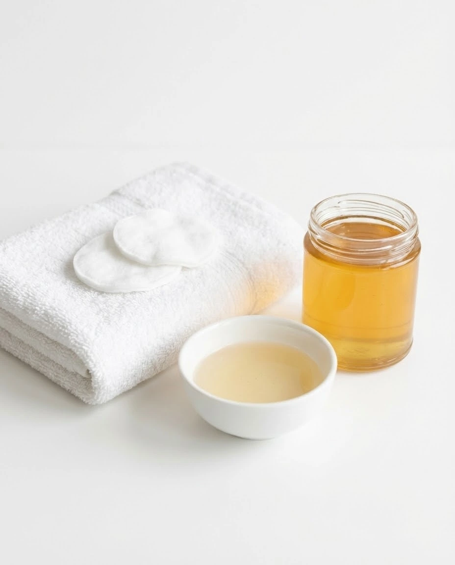 Folded white towel, cotton pads, and a small bowl of diluted honey water on white.