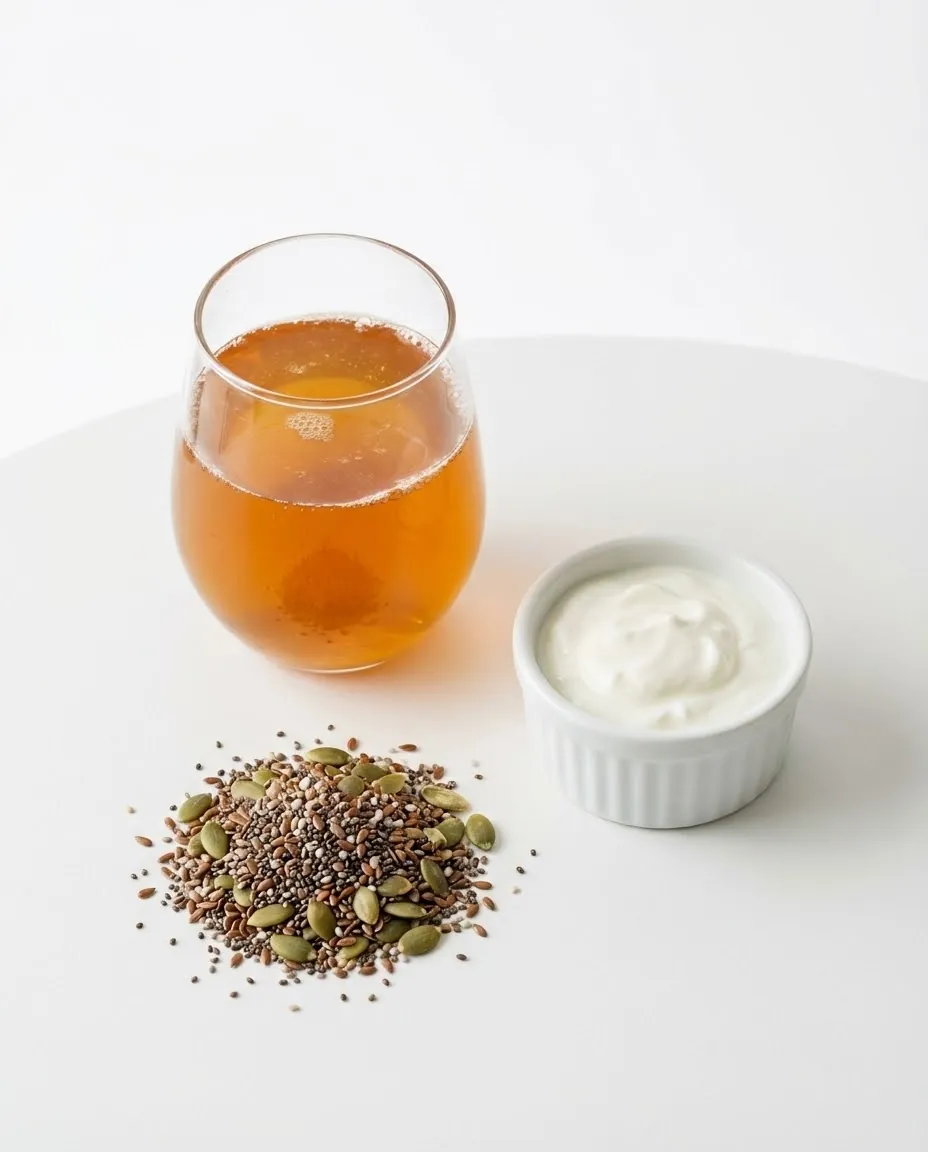 Kombucha with yogurt and seeds illustrating gut health benefits of kombucha for females