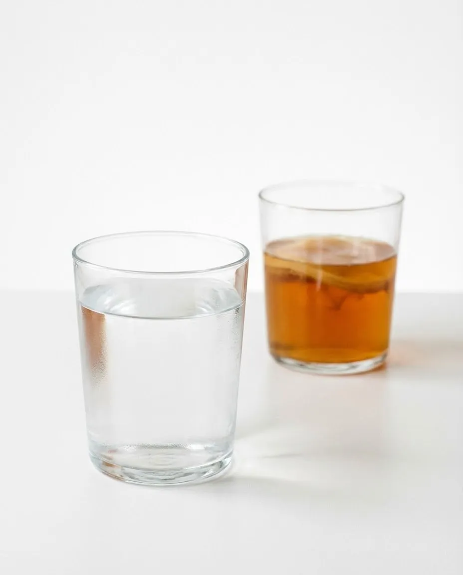 Glass of kombucha behind water glass referencing kombucha side effects like headaches and feeling buzzed