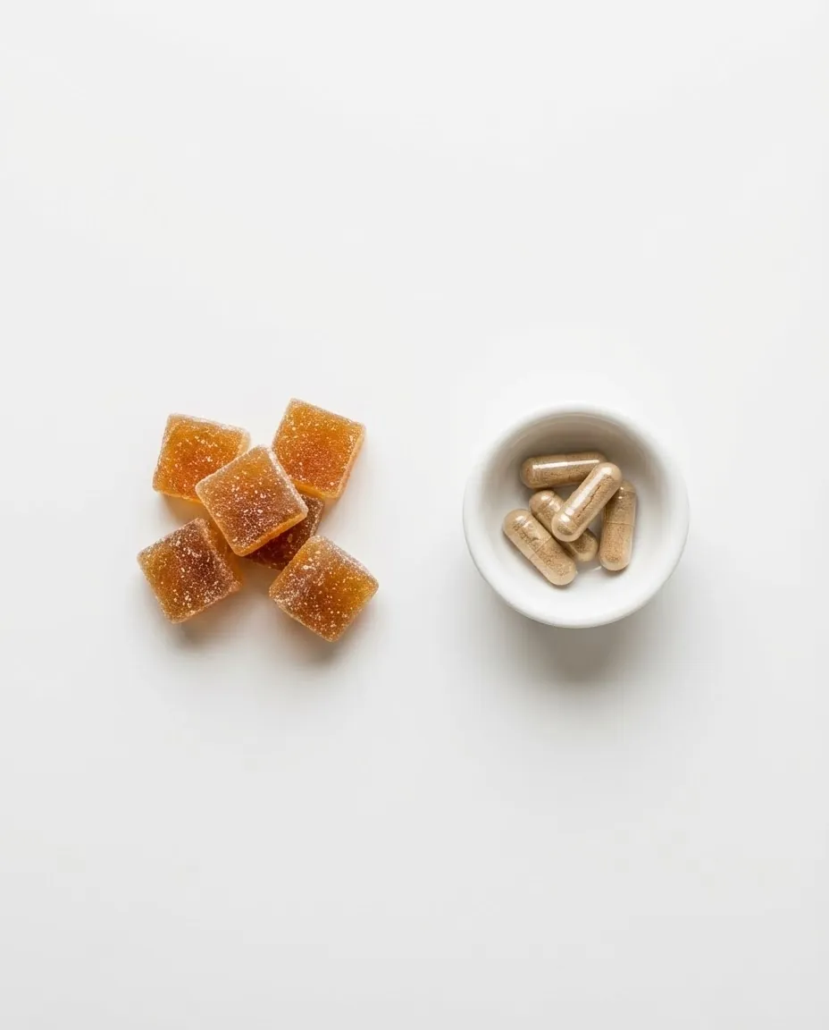 Kombucha gummies and capsules side by side comparing homemade kombucha gummies and supplements