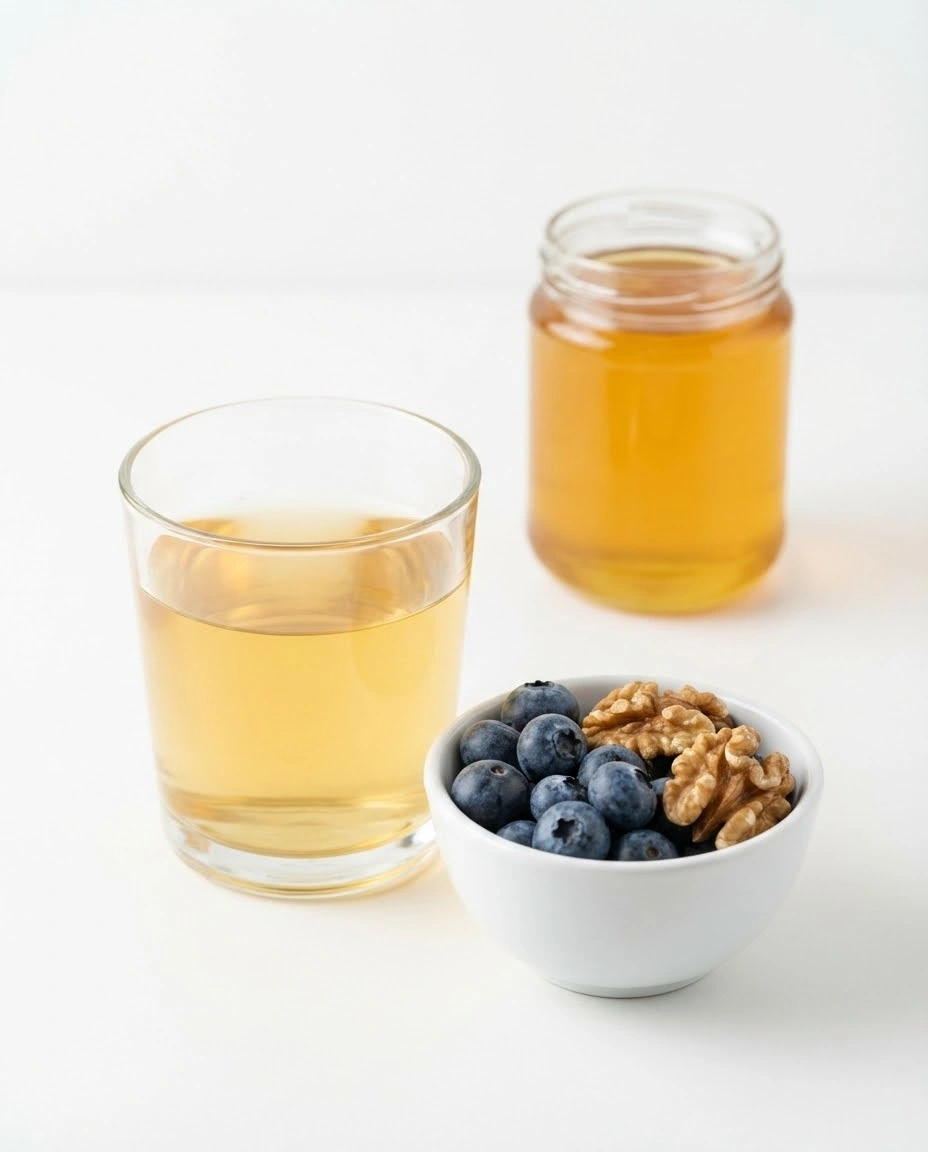 Honey Water With Brain Boosting Foods Glass of warm honey water with a small bowl of blueberries and walnuts on a white surface.