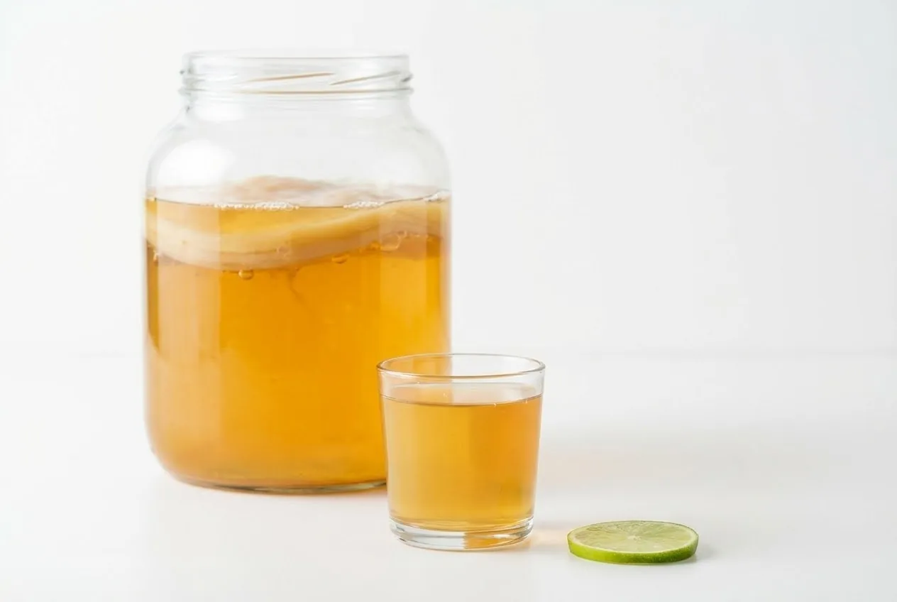 Jar and glass of kombucha illustrating how often to drink kombucha safely