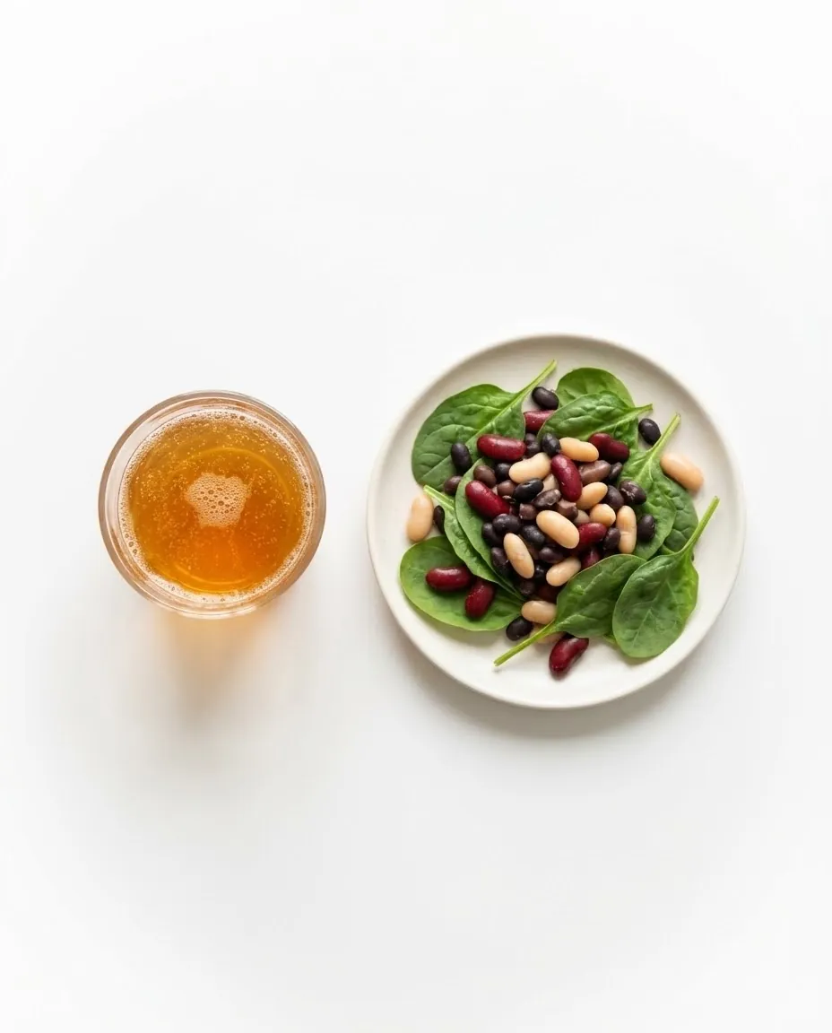 Kombucha next to iron rich foods showing how to time benefits of kombucha for females with anemia