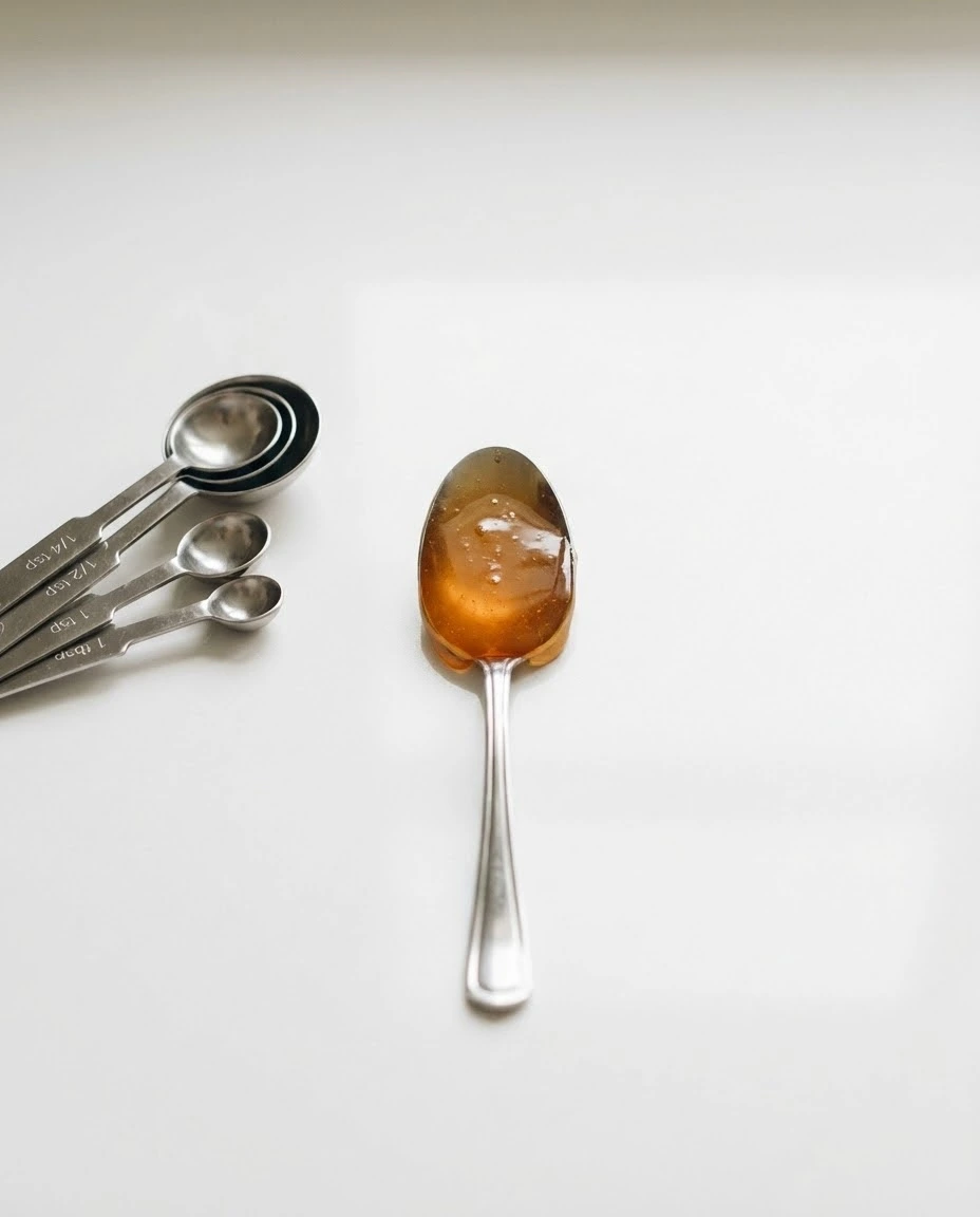 Tablespoon of golden canaan honey with measuring spoons on a clean white surface.