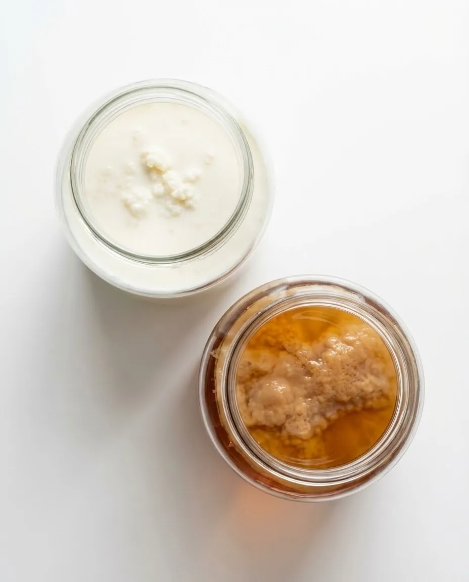 Two jars showing kefir grains in milk and SCOBY in tea for kefir vs kombucha fermentation