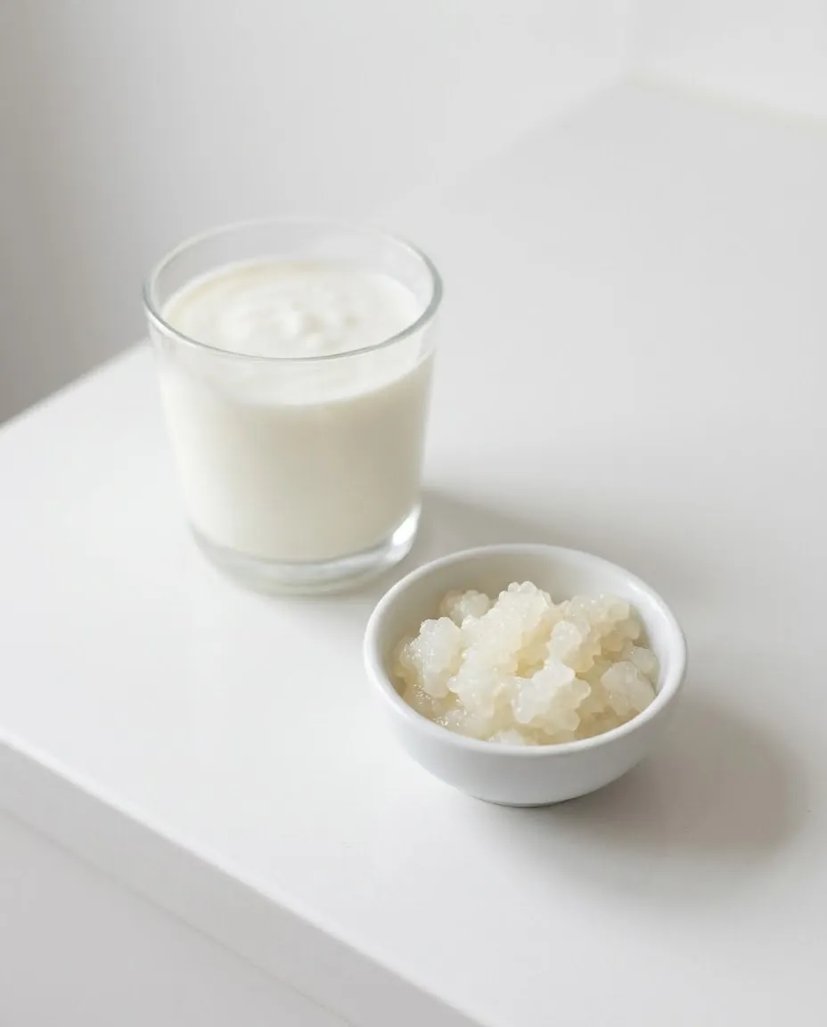Glass of creamy kefir with kefir grains to explain kefir vs kombucha basics