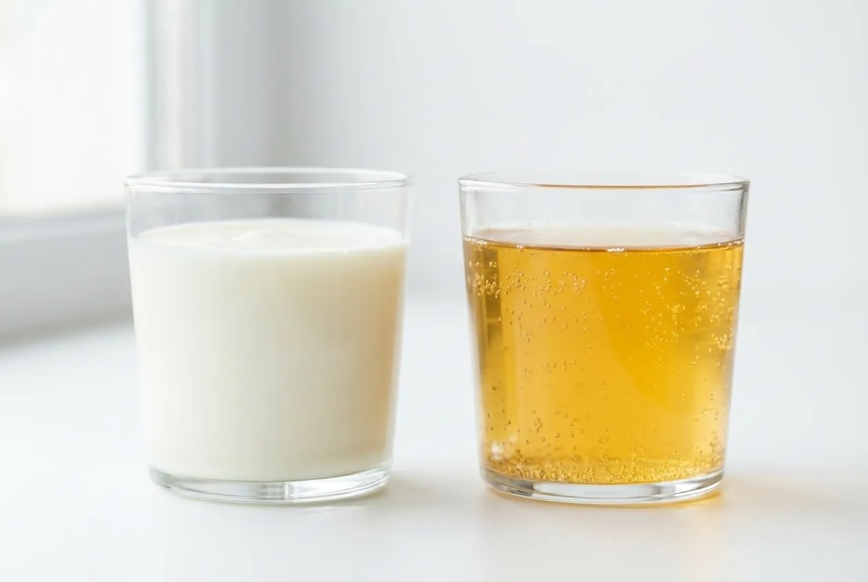 Two glasses of kefir and kombucha side by side illustrating kefir vs kombucha