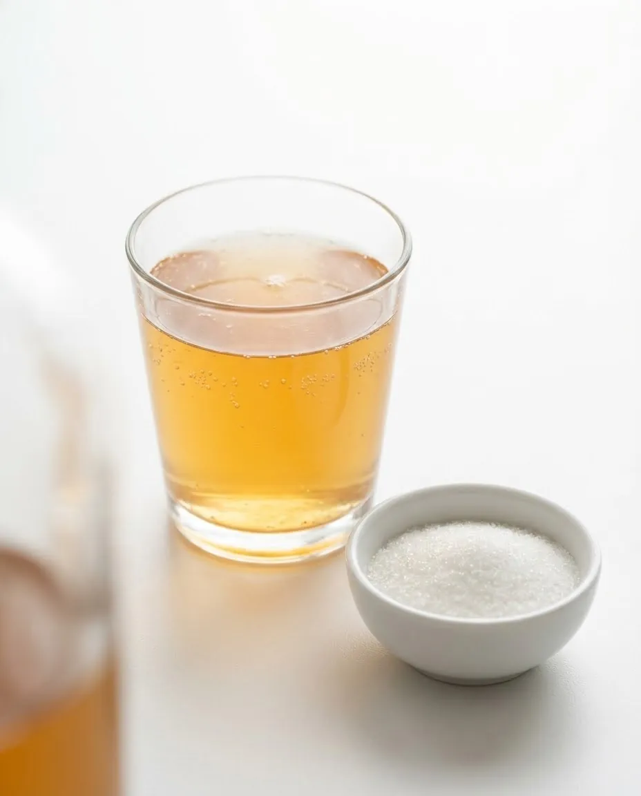 Glass of amber kombucha with a small white dish of sugar on a white background