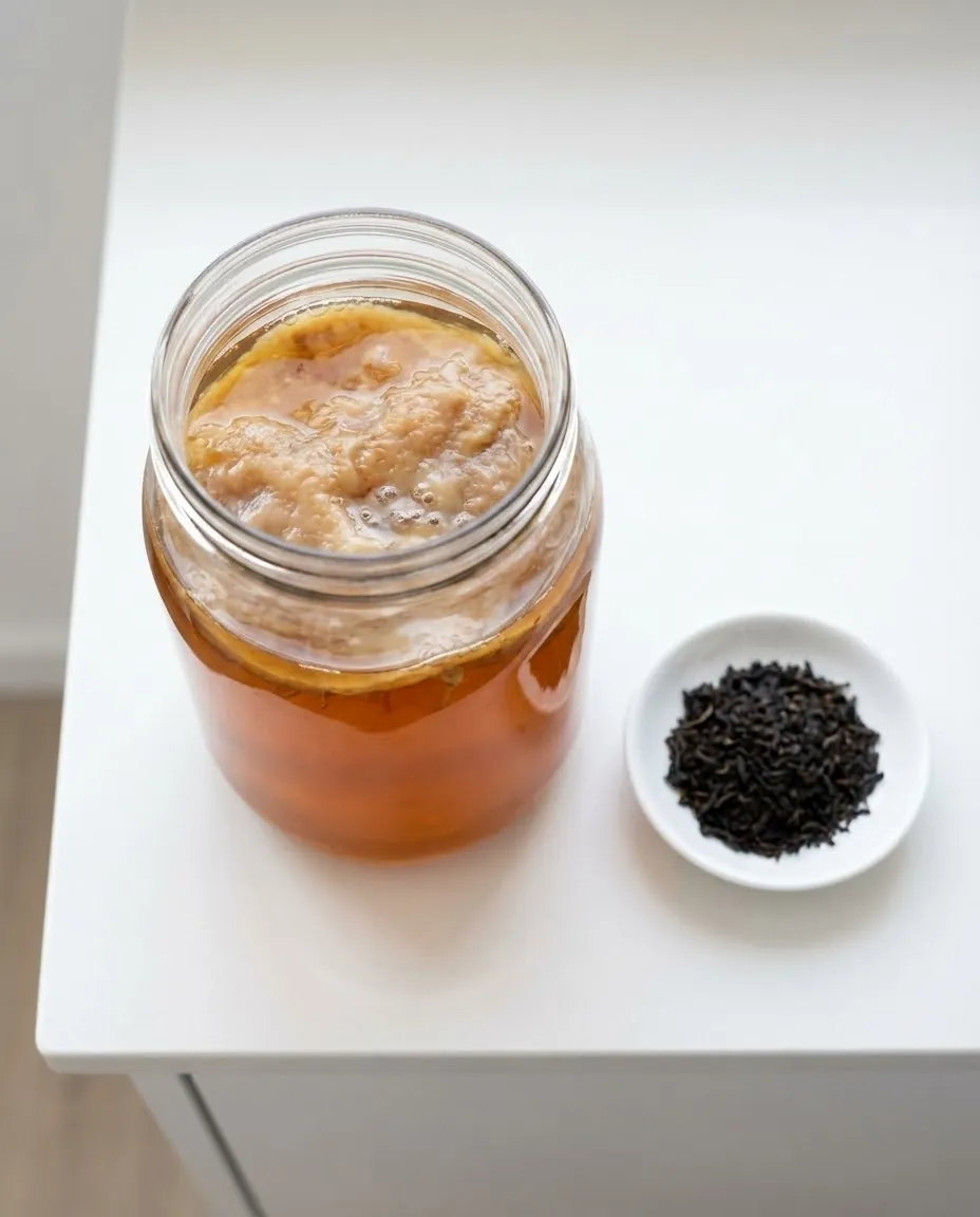Jar of kombucha with SCOBY and tea leaves representing kombucha in the kefir vs kombucha discussion