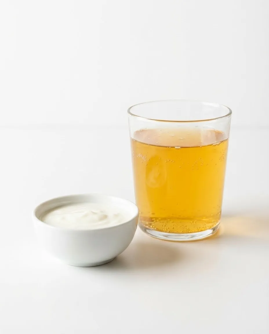 Glass of golden kombucha next to a small bowl of yogurt on a white background