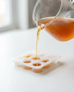 Warm kombucha gummy mixture pouring into silicone molds as part of a kombucha gummies recipe