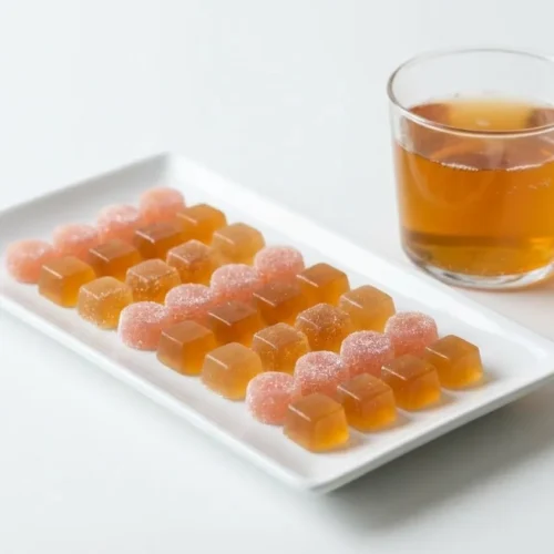 White plate of kombucha gummies with a small glass of kombucha showing a kombucha gummies recipe idea