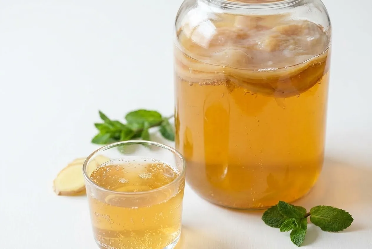 Jar and glass of kombucha illustrating kombucha gut health benefits
