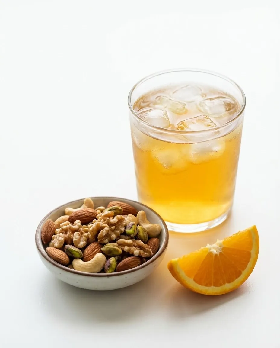 Glass of kombucha with nuts and orange showing how a kombucha recipe for weight loss fits daily habits