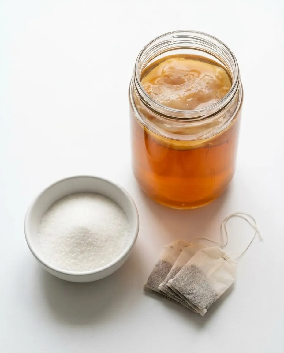 Jar with SCOBY, sugar, and tea bags showing how kombucha ingredients relate to kombucha side effects