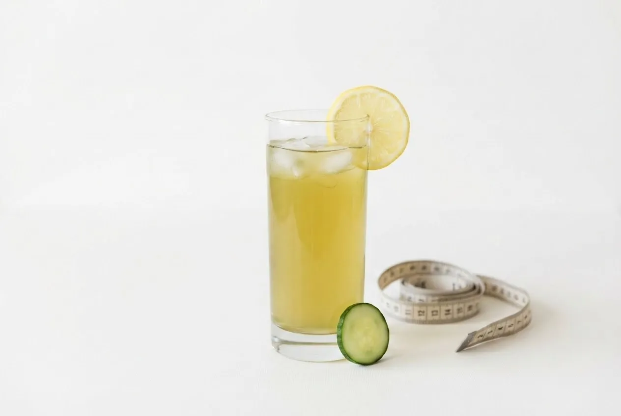 Tall glass of light kombucha with lemon and cucumber as a kombucha recipe for weight loss idea