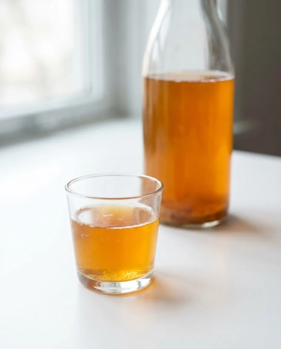 Small glass with kombucha beside a taller bottle on a white background