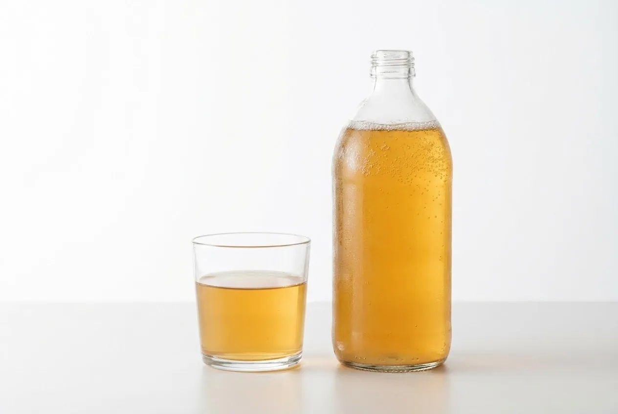 Bottle and glass of kombucha illustrating kombucha side effects and safe drinking