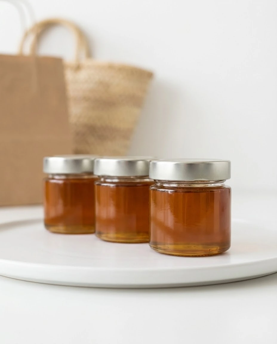 Three small unlabelled jars of golden honey with a faint shopping basket blur behind.