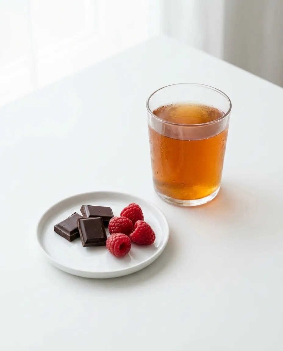 Glass of kombucha with chocolate and raspberries for gentle period benefits of kombucha for females