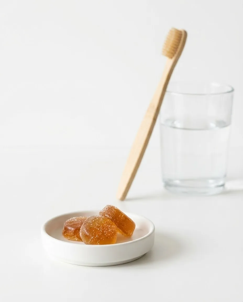 Kombucha gummies on a dish with a toothbrush in the background showing pros and cons of kombucha gummies