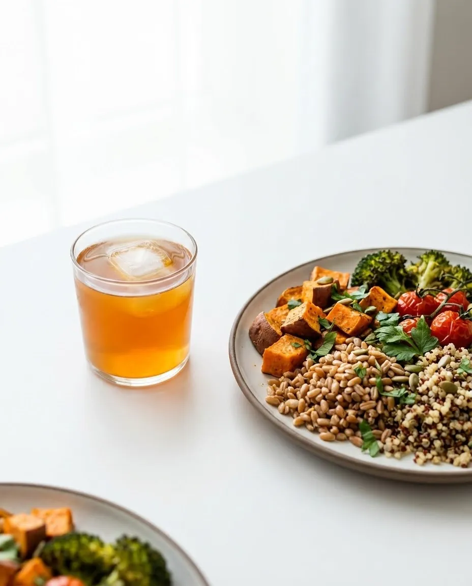 Small kombucha glass with balanced meal showing how to limit kombucha side effects in a routine