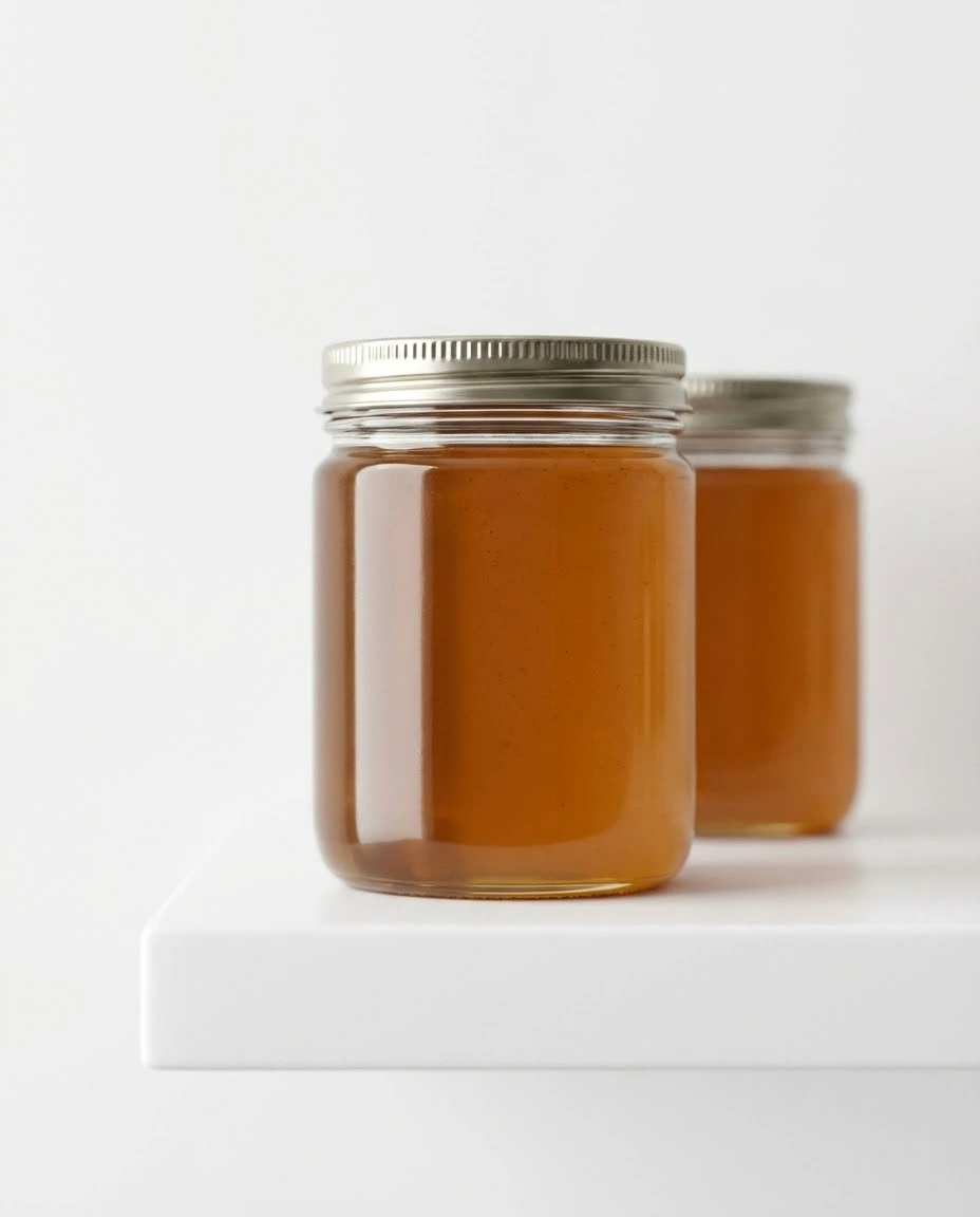 Sealed glass jars of honey stored on a clean white shelf.
