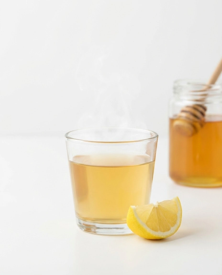 Warm honey water in a clear glass with lemon on a clean white surface.