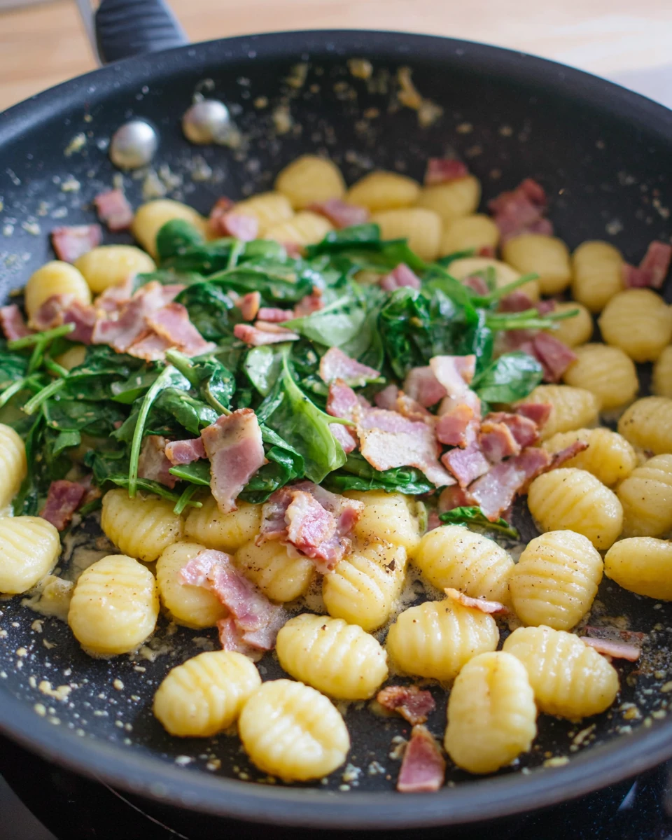 Creamy Bacon Gnocchi in a Skillet A skillet with bacon gnocchi, showcasing the keyword 'bacon gnocchi'.