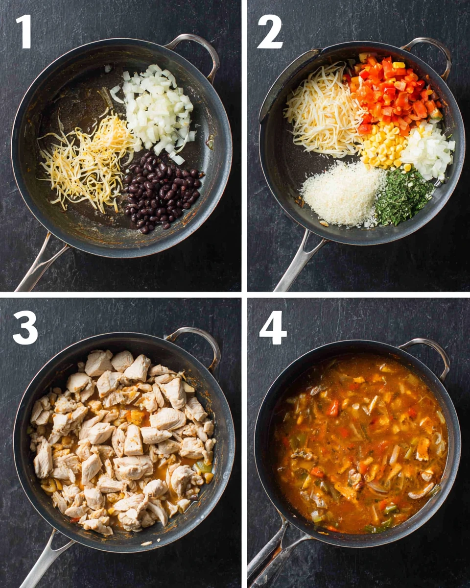 A process of making chicken tortilla soup for a hearty dish.